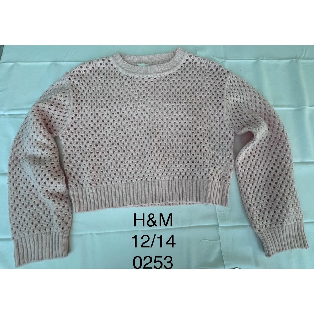 H&M Girls Open Knit Sweater Light Pink Cropped Pullover Size 12/14 0253